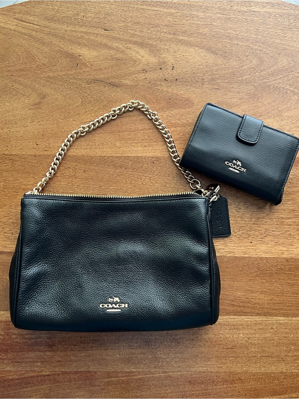 COACH Black Leather Shoulder Bag with Chain Strap and wallet